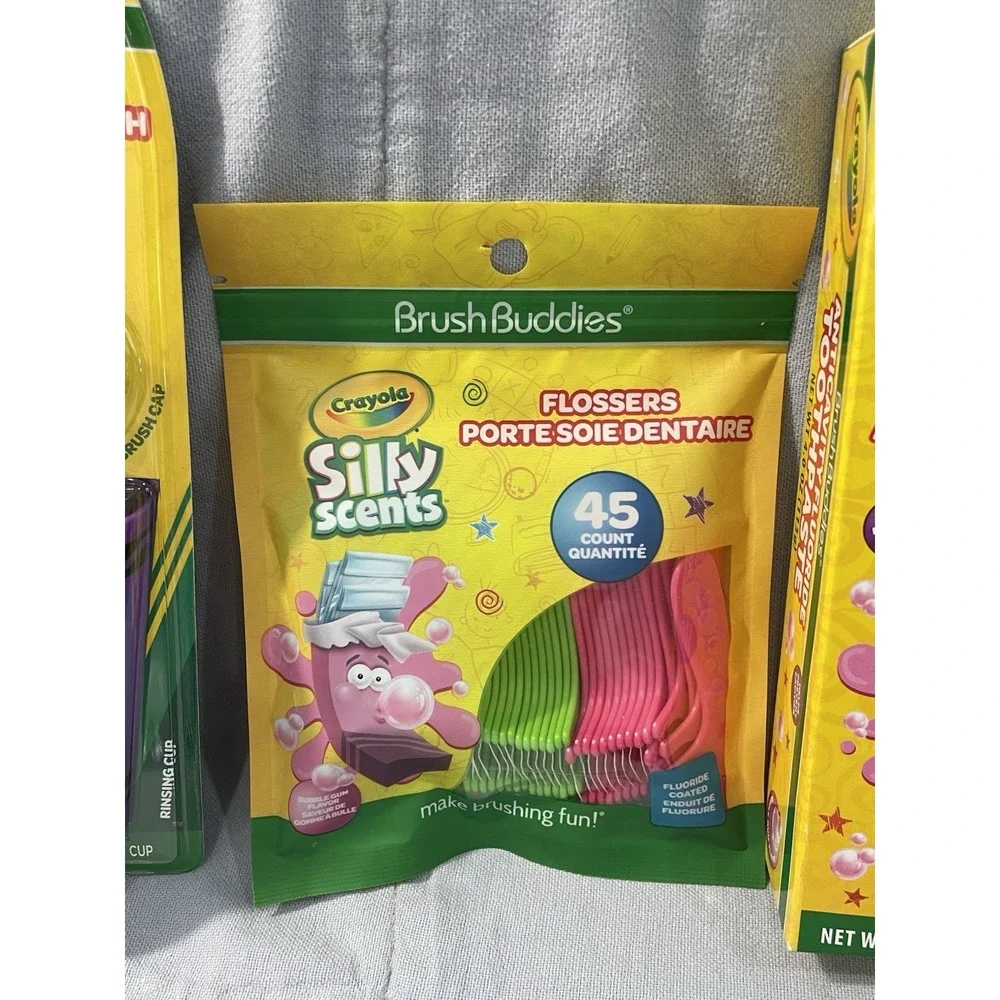 NEW Kid's Crayola Brush Buddies Toothbrush Purple Cup Flossers Tooth Paste & Cap